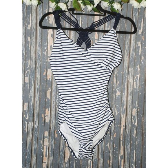 Kona Sol 1 Piece Swimsuit Size M Macrame Straps Built in Bra Blue White Striped - Picture 1 of 10